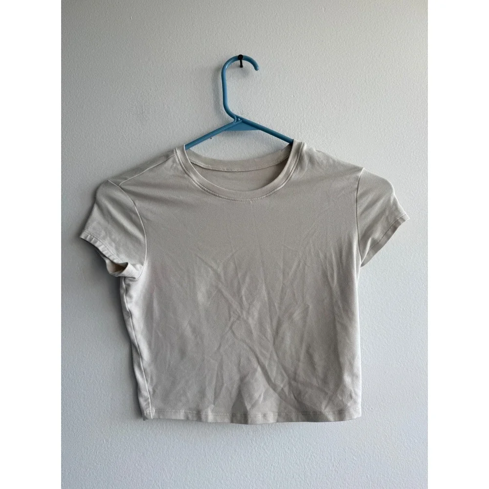Alo Yoga Womens Short Sleeve Crewneck Crop Top Bone Beige Activewear Tee